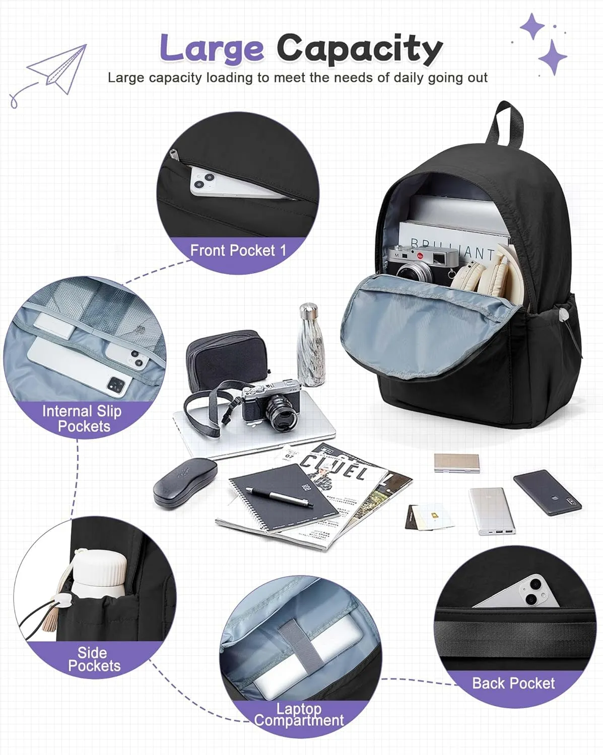 Black Backpack for School, High School Bookbag Back Pack for Teens Girls Boys, Lightweight College Backpack Book Bag for Women Men, Simple Casual Daypack Backpack Mochilas Escolares para Adolescentes