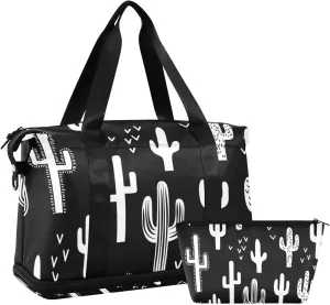 Black Cactus Versatile Sports Travel Bag - Lasting Twill Tote, Removable Wheel & Rod Bagging, Multi-pocket Design, Complimentary Makeup Bag