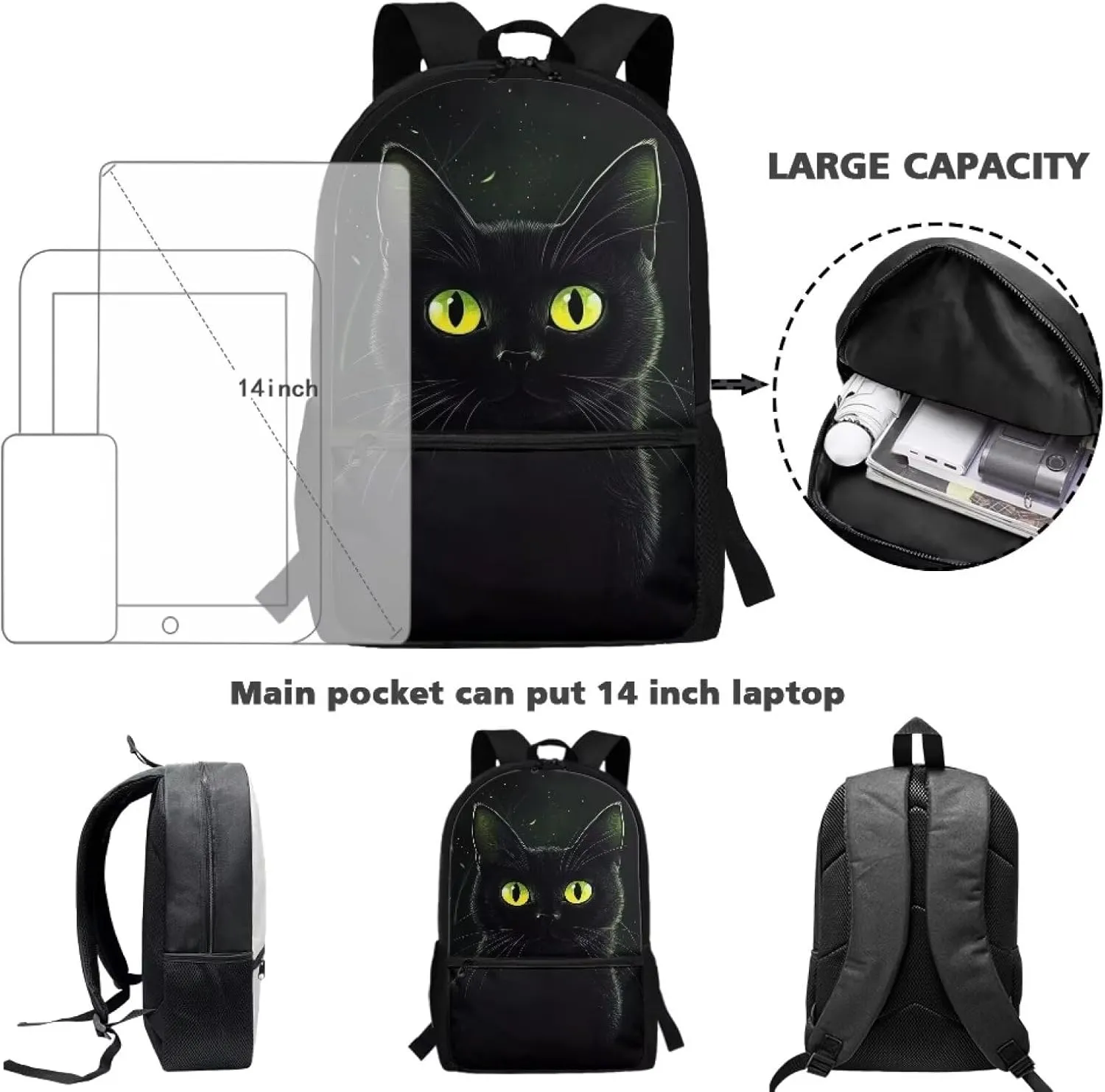 Black Cat Backpack Schoolbags for Boys Girls Casual Sport Daypack Elementary Primary Large Capacity Bookbags