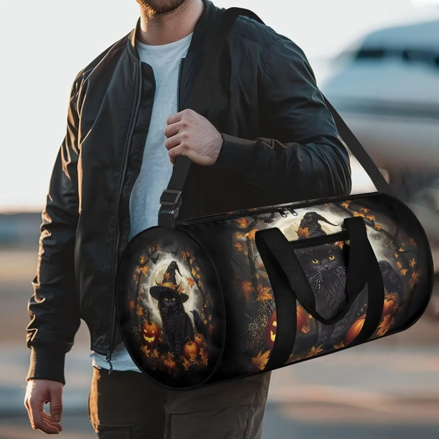 Black Cat Duffle Bag Halloween Travel Bags for Women Weekender Bag with Front Zipper Pocket Large Capacity Sports Equipment Bag Large Capacity Gym Duffel Bag