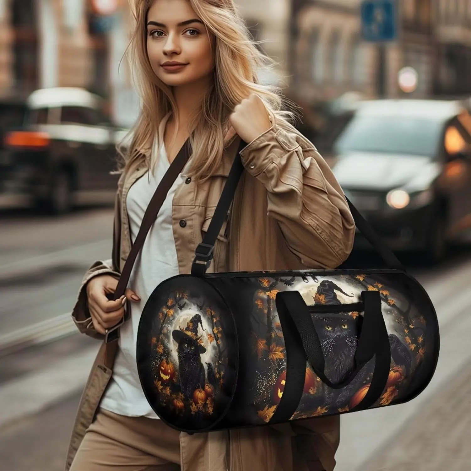 Black Cat Duffle Bag Halloween Travel Bags for Women Weekender Bag with Front Zipper Pocket Large Capacity Sports Equipment Bag Large Capacity Gym Duffel Bag