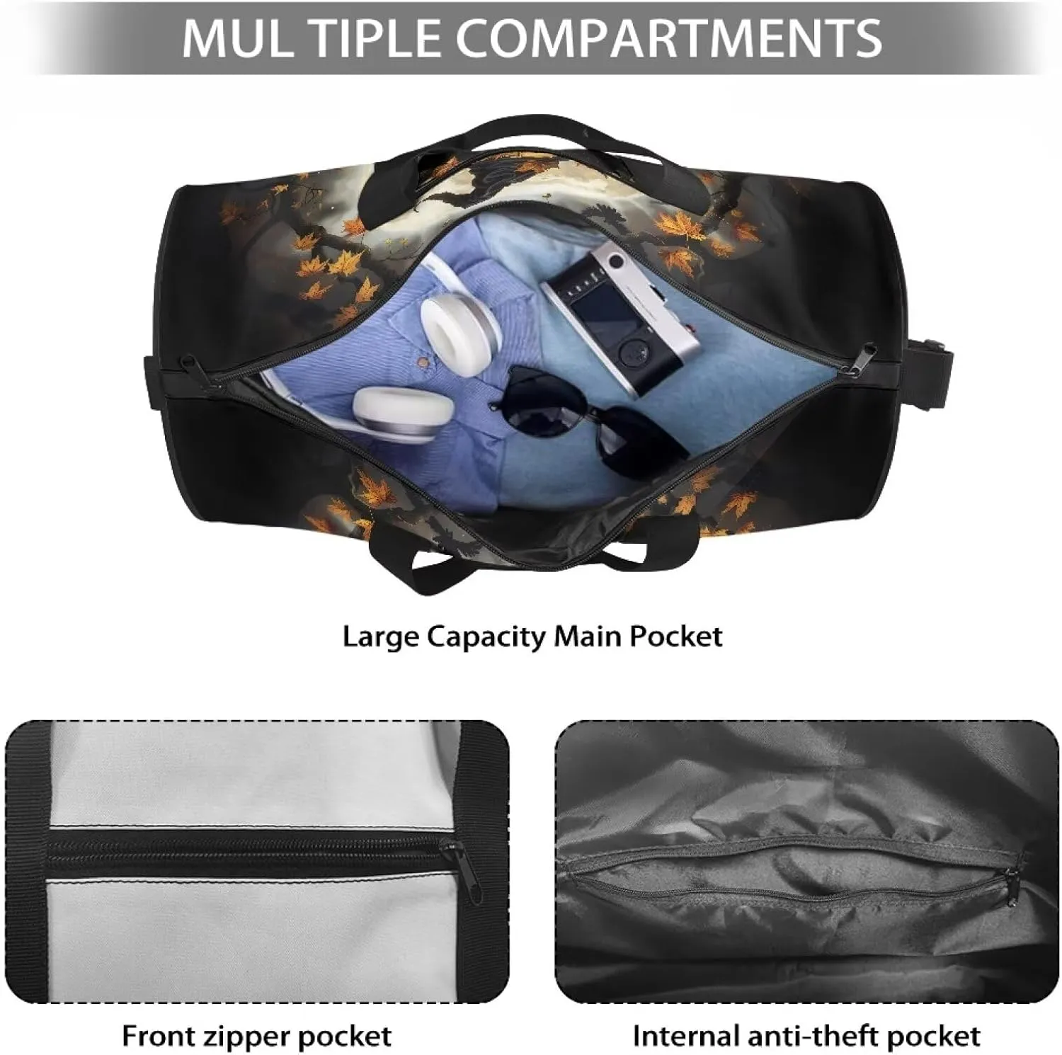 Black Cat Duffle Bag Halloween Travel Bags for Women Weekender Bag with Front Zipper Pocket Large Capacity Sports Equipment Bag Large Capacity Gym Duffel Bag