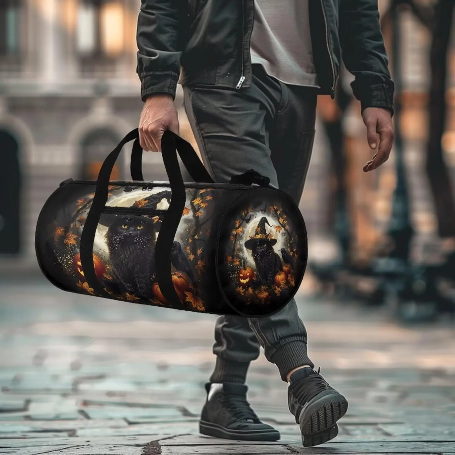 Black Cat Duffle Bag Halloween Travel Bags for Women Weekender Bag with Front Zipper Pocket Large Capacity Sports Equipment Bag Large Capacity Gym Duffel Bag