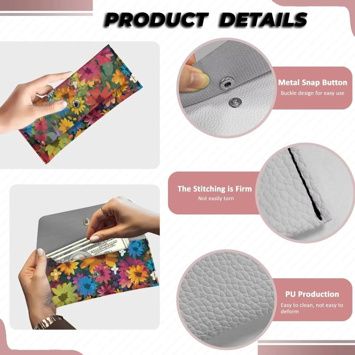 Black Cat Flower Long PU Leather Wallet for Women Cute Cash Clutch Billfold Purse Bag for Ladies Waterproof Long Wallets Pu Leather Travel Card Holder Purse