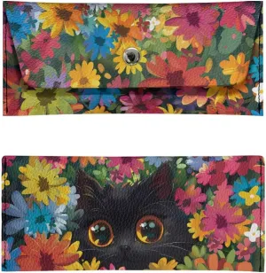 Black Cat Flower Long PU Leather Wallet for Women Cute Cash Clutch Billfold Purse Bag for Ladies Waterproof Long Wallets Pu Leather Travel Card Holder Purse