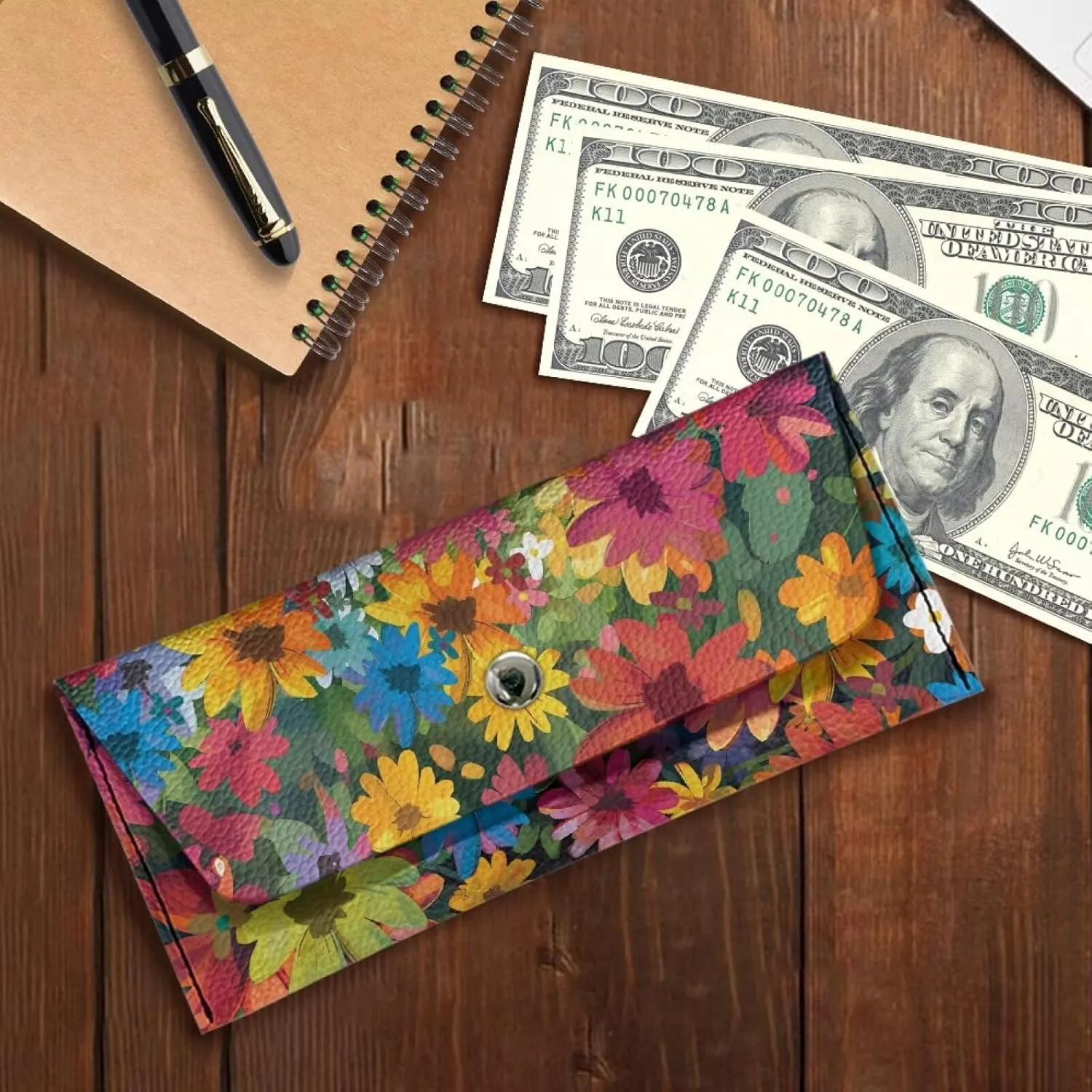 Black Cat Flower Long PU Leather Wallet for Women Cute Cash Clutch Billfold Purse Bag for Ladies Waterproof Long Wallets Pu Leather Travel Card Holder Purse