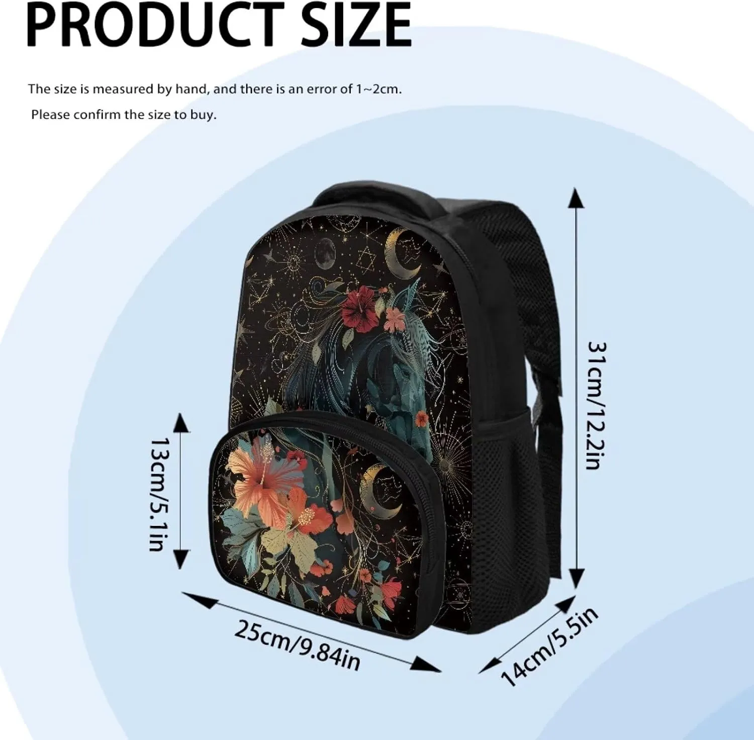 Black Horse and Floral Toddler Backpack for Boys Girls, Preschool Kindergarten Nursery Travel School Bag with Handle and Strap