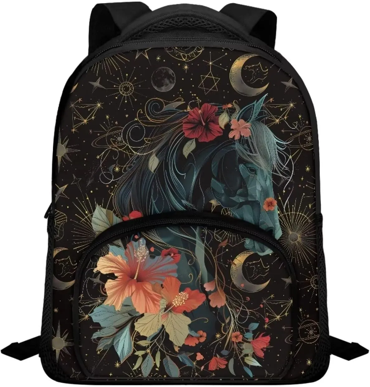 Black Horse and Floral Toddler Backpack for Boys Girls, Preschool Kindergarten Nursery Travel School Bag with Handle and Strap