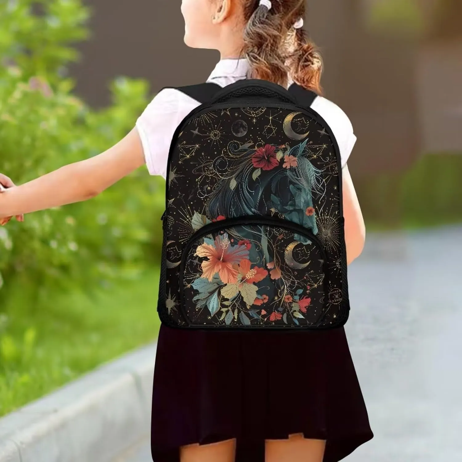 Black Horse and Floral Toddler Backpack for Boys Girls, Preschool Kindergarten Nursery Travel School Bag with Handle and Strap