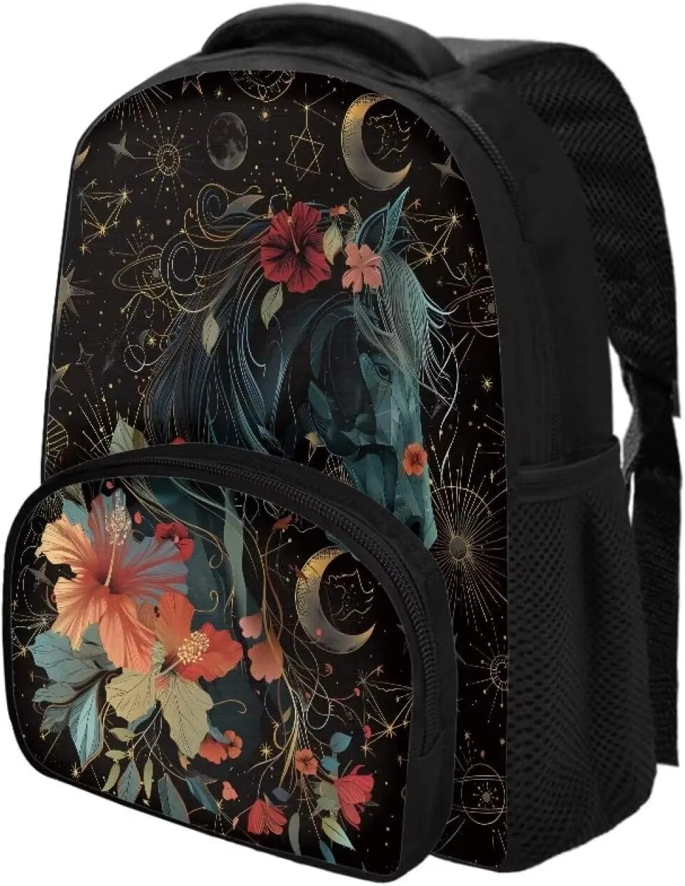 Black Horse and Floral Toddler Backpack for Boys Girls, Preschool Kindergarten Nursery Travel School Bag with Handle and Strap