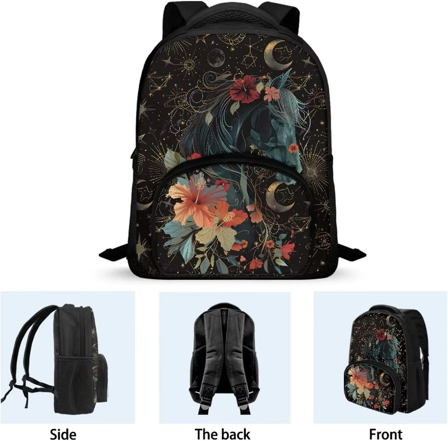 Black Horse and Floral Toddler Backpack for Boys Girls, Preschool Kindergarten Nursery Travel School Bag with Handle and Strap