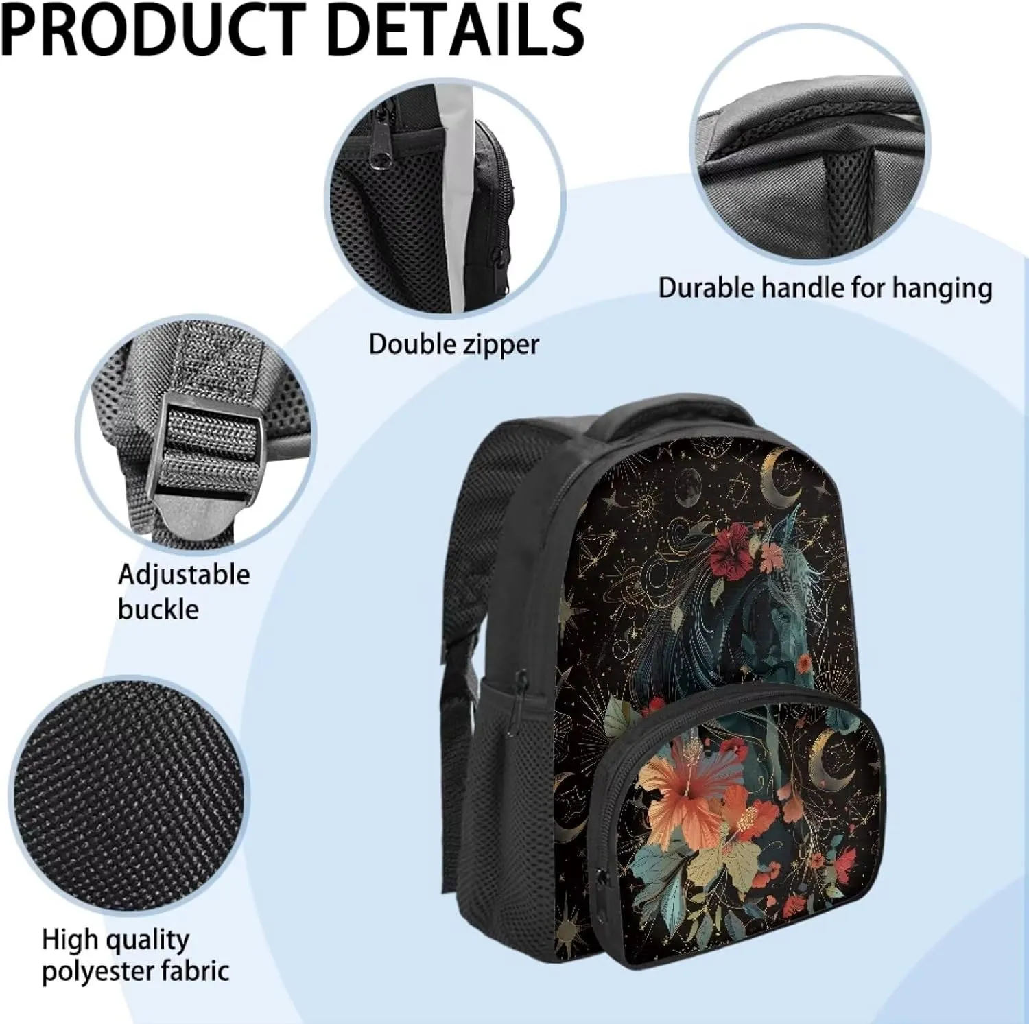 Black Horse and Floral Toddler Backpack for Boys Girls, Preschool Kindergarten Nursery Travel School Bag with Handle and Strap