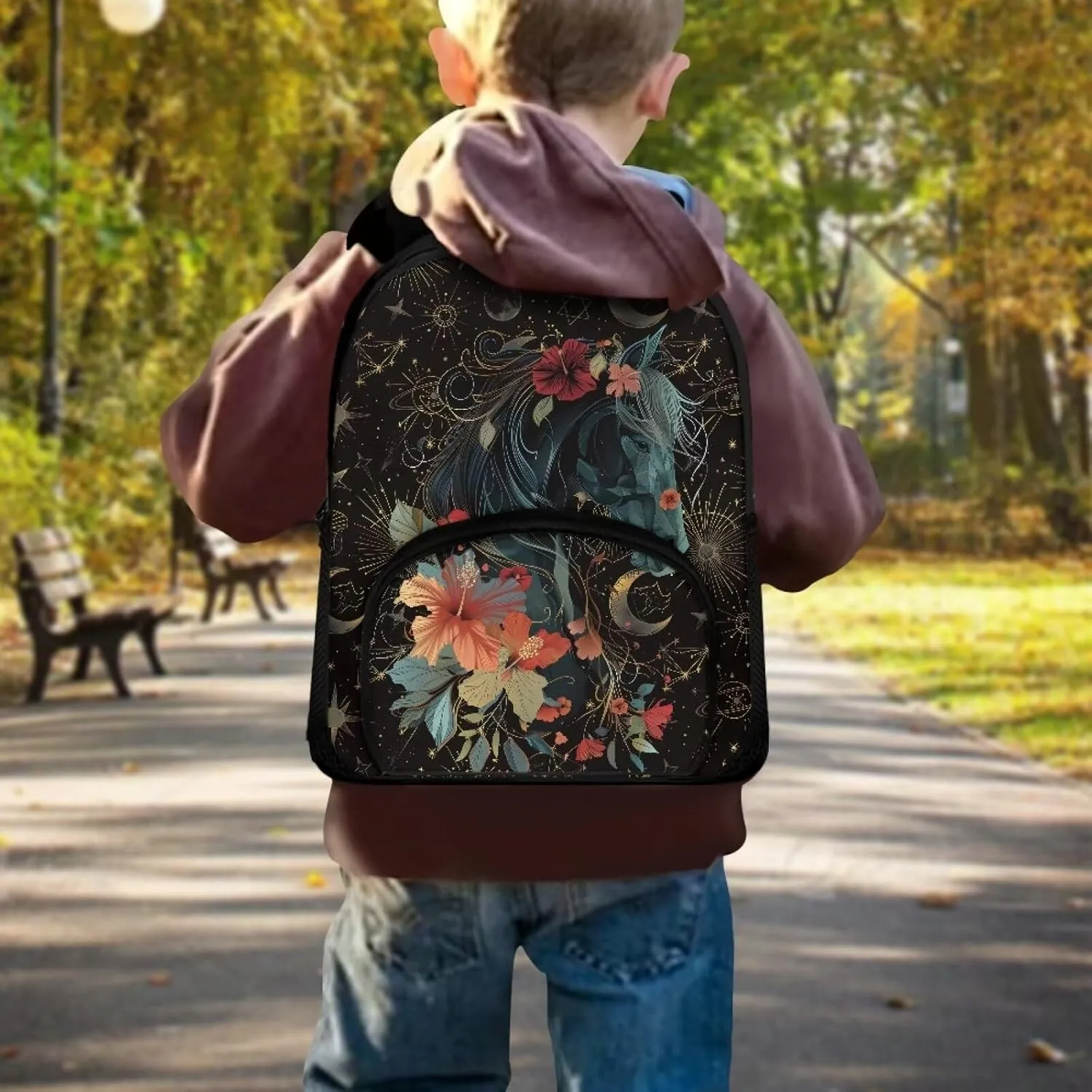 Black Horse and Floral Toddler Backpack for Boys Girls, Preschool Kindergarten Nursery Travel School Bag with Handle and Strap