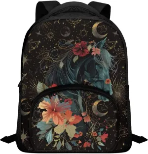 Black Horse and Floral Toddler Backpack for Boys Girls, Preschool Kindergarten Nursery Travel School Bag with Handle and Strap