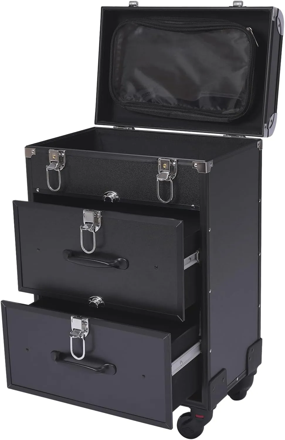 Black Rolling Makeup Case, Large Cosmetic Trolley with Locks, Make up Bag with dividers, Cosmetics Storage Organizer for On The Go Makeup/Nail Art/Hair Styling,