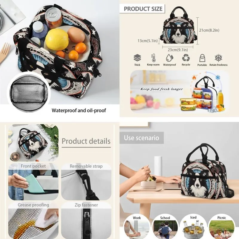 Black White Border Collie Print 17in School Backpack Set Cartoon Puppy Oil Painting 3 Pieces Lightweight Teen Bookbags School Bag with Pencil Case & Lunch Pack