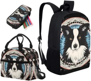 Black White Border Collie Print 17in School Backpack Set Cartoon Puppy Oil Painting 3 Pieces Lightweight Teen Bookbags School Bag with Pencil Case & Lunch Pack