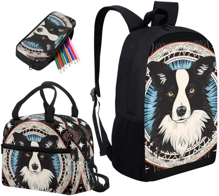 Black White Border Collie Print 17in School Backpack Set Cartoon Puppy Oil Painting 3 Pieces Lightweight Teen Bookbags School Bag with Pencil Case & Lunch Pack