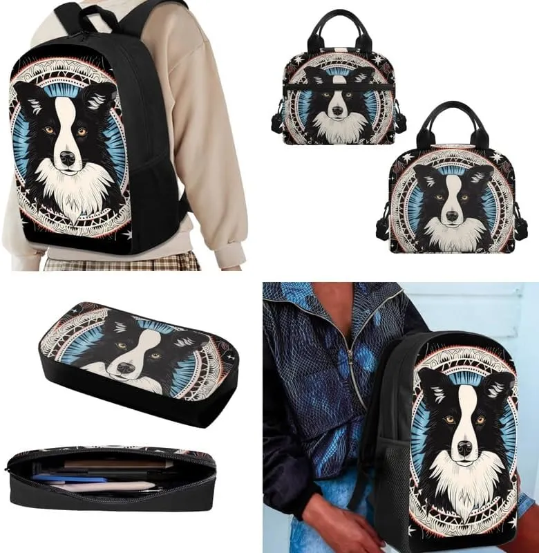 Black White Border Collie Print 17in School Backpack Set Cartoon Puppy Oil Painting 3 Pieces Lightweight Teen Bookbags School Bag with Pencil Case & Lunch Pack
