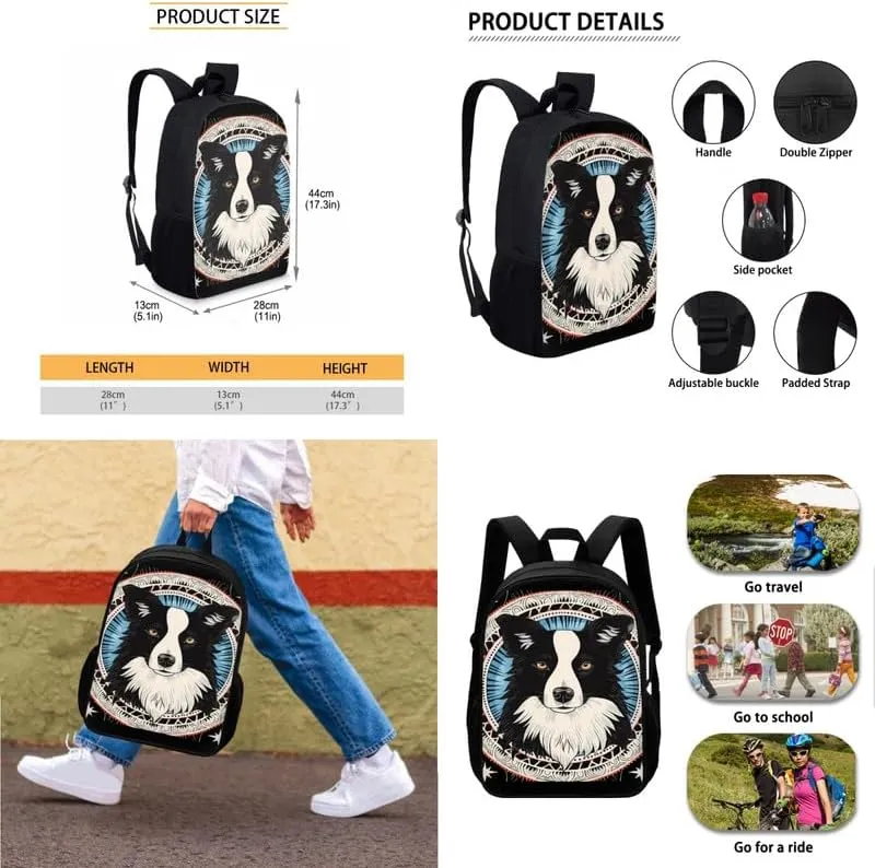 Black White Border Collie Print 17in School Backpack Set Cartoon Puppy Oil Painting 3 Pieces Lightweight Teen Bookbags School Bag with Pencil Case & Lunch Pack