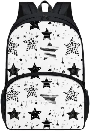 Black White Star 17in Backpack Lightweight Bookbags, Cartoon Star Travel Picnic School Bag for Children Aged 6-18, Line Draw Stars for Elementary School Kids