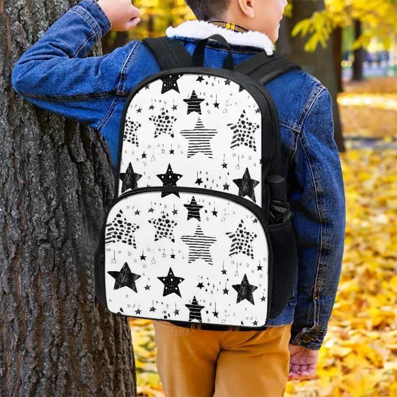 Black White Star 17in Backpack Lightweight Bookbags, Cartoon Star Travel Picnic School Bag for Children Aged 6-18, Line Draw Stars for Elementary School Kids