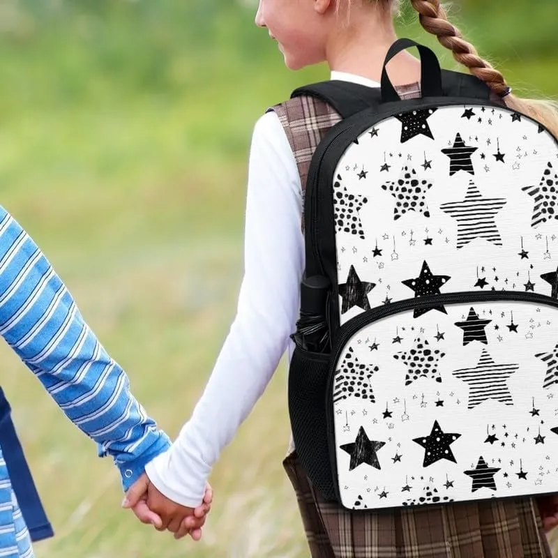 Black White Star 17in Backpack Lightweight Bookbags, Cartoon Star Travel Picnic School Bag for Children Aged 6-18, Line Draw Stars for Elementary School Kids