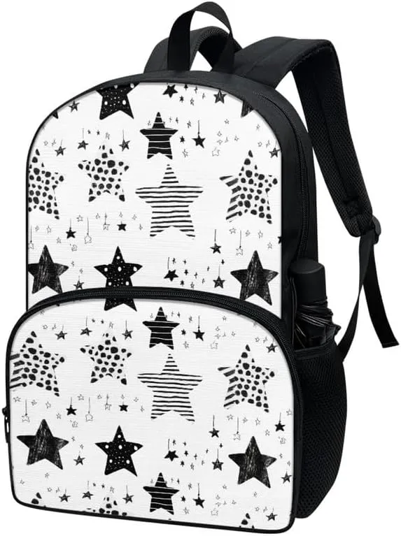 Black White Star 17in Backpack Lightweight Bookbags, Cartoon Star Travel Picnic School Bag for Children Aged 6-18, Line Draw Stars for Elementary School Kids