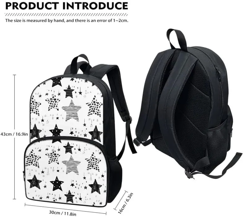 Black White Star 17in Backpack Lightweight Bookbags, Cartoon Star Travel Picnic School Bag for Children Aged 6-18, Line Draw Stars for Elementary School Kids