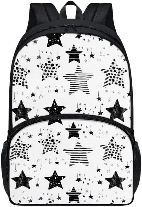 Black White Star 17in Backpack Lightweight Bookbags, Cartoon Star Travel Picnic School Bag for Children Aged 6-18, Line Draw Stars for Elementary School Kids