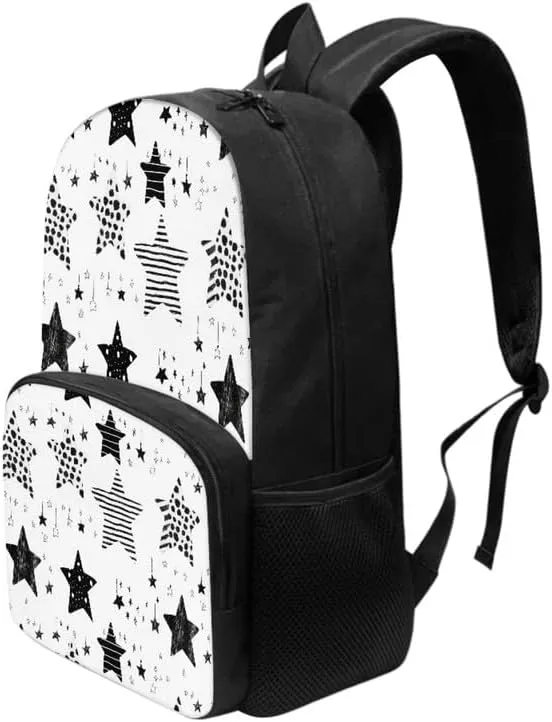 Black White Star 17in Backpack Lightweight Bookbags, Cartoon Star Travel Picnic School Bag for Children Aged 6-18, Line Draw Stars for Elementary School Kids