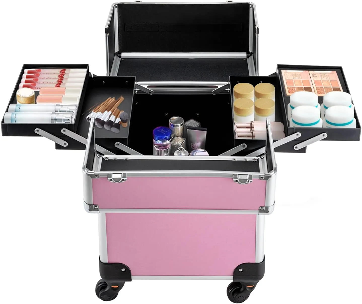 Black/Pink Rolling Makeup Train Case Professional Travel Cosmetic Trolley Lockable Large Makeup Travel Case Organizer with 4 Sliding Trays Makeup Barber Luggage Case with Wheels (Pink)