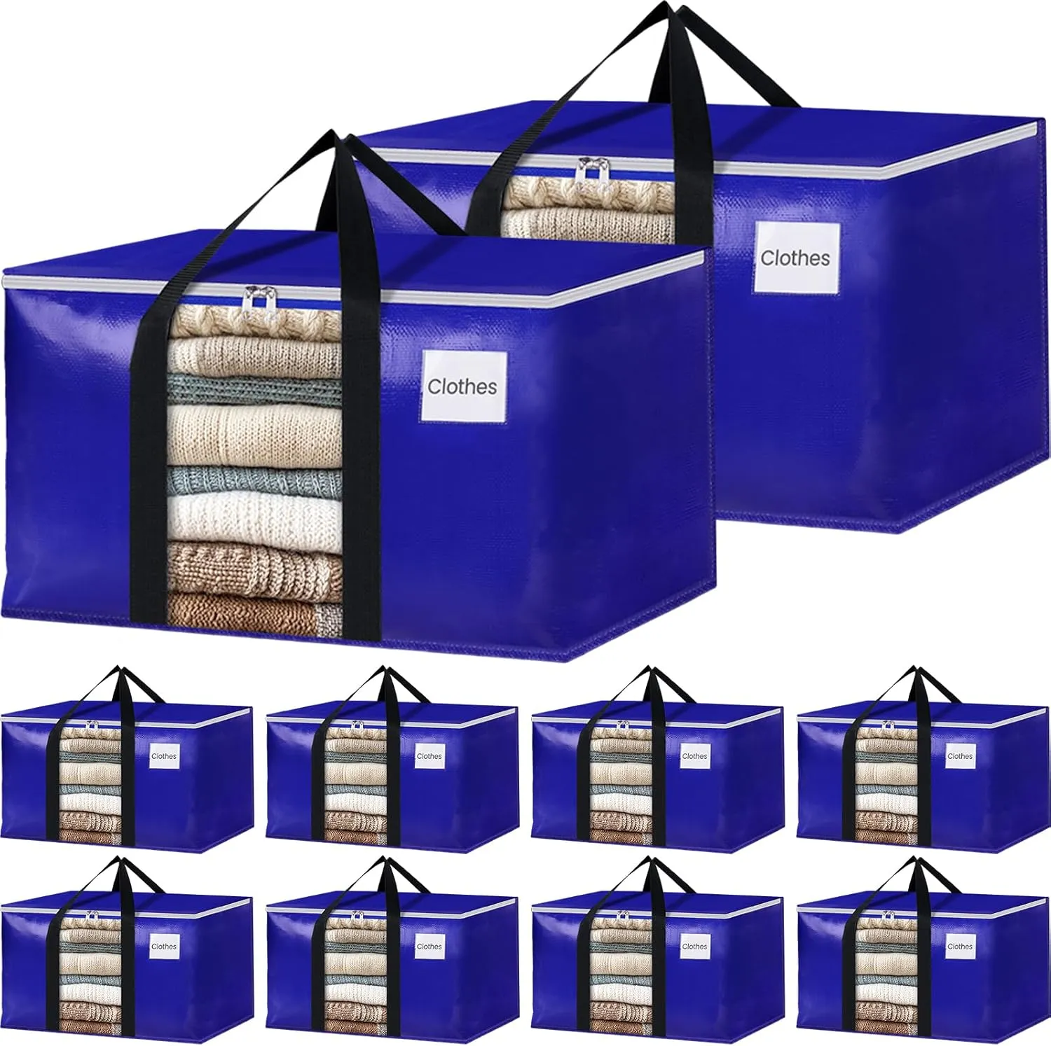 BlissTotes 10 Pack Moving Bags with Clear Window, Storage Bags with Strong Carrying Handles & Zippers,Large Packing Bags for Saving Space, Alternative to Moving Boxes(Blue,33 Gallon)