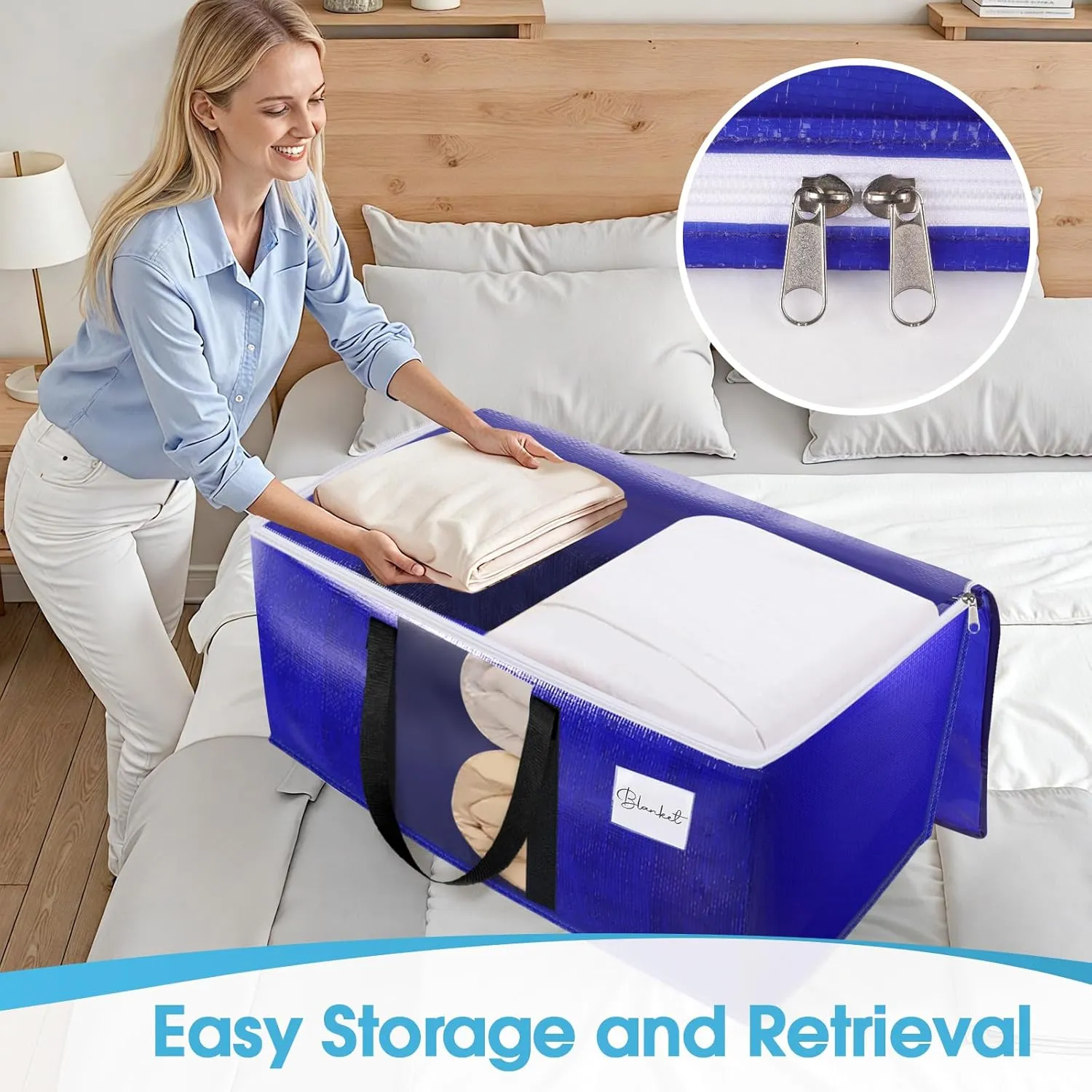 BlissTotes 10 Pack Moving Bags with Clear Window, Storage Bags with Strong Carrying Handles & Zippers,Large Packing Bags for Saving Space, Alternative to Moving Boxes(Blue,33 Gallon)