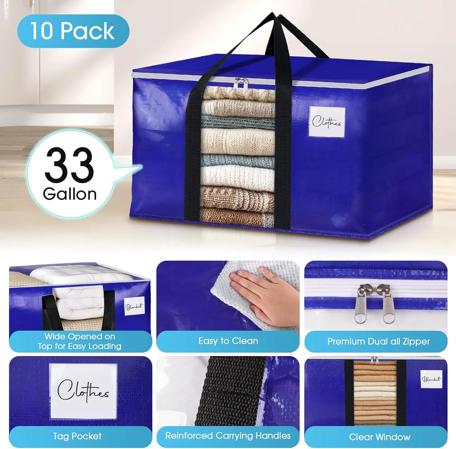 BlissTotes 10 Pack Moving Bags with Clear Window, Storage Bags with Strong Carrying Handles & Zippers,Large Packing Bags for Saving Space, Alternative to Moving Boxes(Blue,33 Gallon)