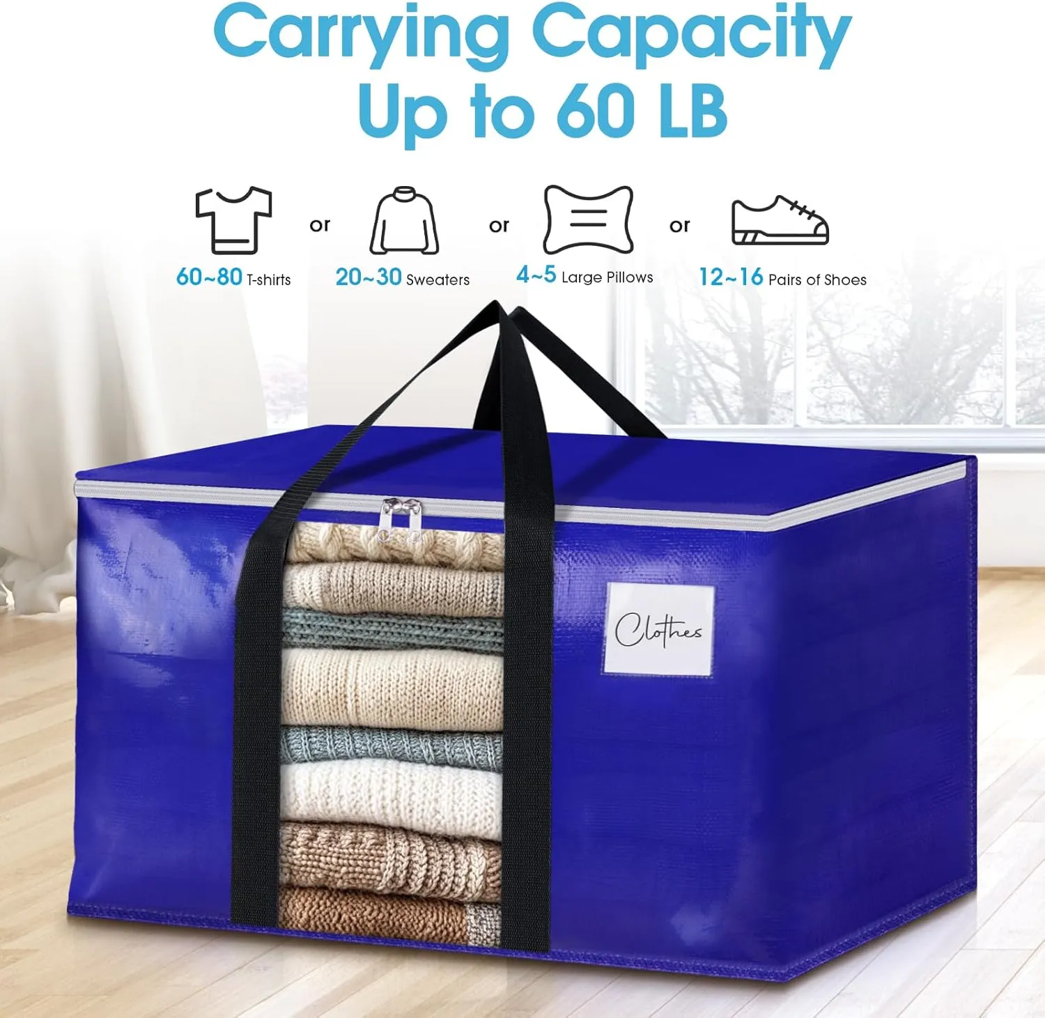 BlissTotes 10 Pack Moving Bags with Clear Window, Storage Bags with Strong Carrying Handles & Zippers,Large Packing Bags for Saving Space, Alternative to Moving Boxes(Blue,33 Gallon)