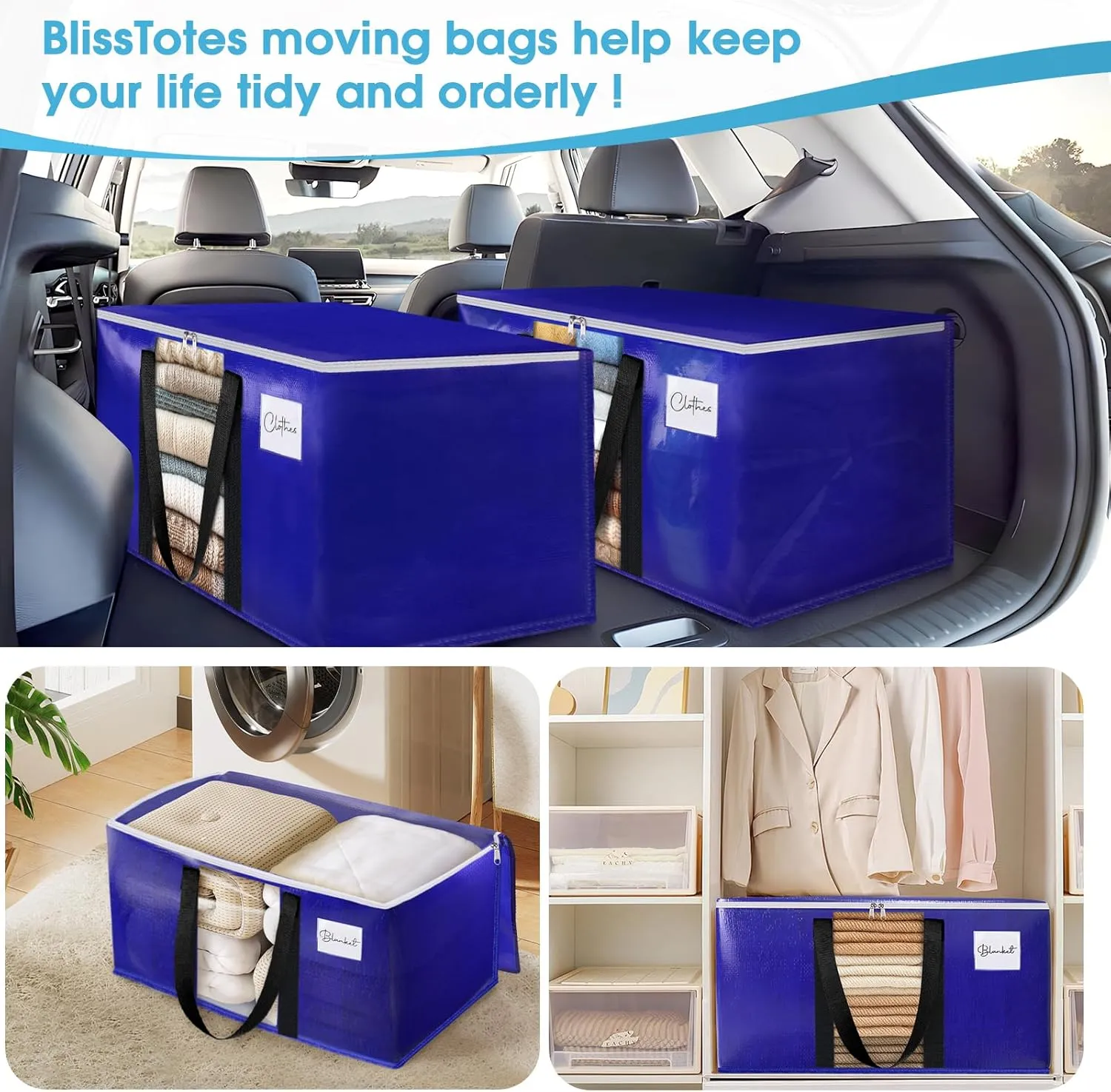 BlissTotes 10 Pack Moving Bags with Clear Window, Storage Bags with Strong Carrying Handles & Zippers,Large Packing Bags for Saving Space, Alternative to Moving Boxes(Blue,33 Gallon)
