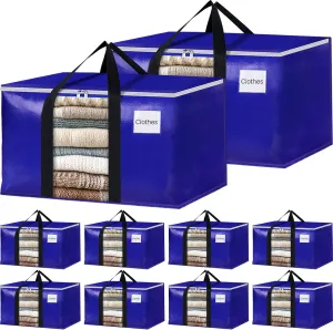 BlissTotes 10 Pack Moving Bags with Clear Window, Storage Bags with Strong Carrying Handles & Zippers,Large Packing Bags for Saving Space, Alternative to Moving Boxes(Blue,33 Gallon)