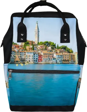 Blue Beautiful City Rovinj Croatia Region Diaper Bag Backpack, waterproof backpack Baby Nappy Changing Bags Laptop Backpack for Travel, Large Capacity, Durable and Stylish for Woman and Men.