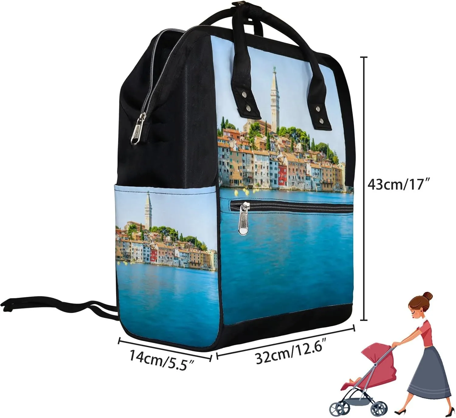 Blue Beautiful City Rovinj Croatia Region Diaper Bag Backpack, waterproof backpack Baby Nappy Changing Bags Laptop Backpack for Travel, Large Capacity, Durable and Stylish for Woman and Men.