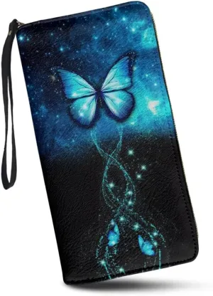 Blue Butterfly Cute Wallet Women Credit Card Zip Around Clutch Large Capacity Travel Long Purse Wristlet
