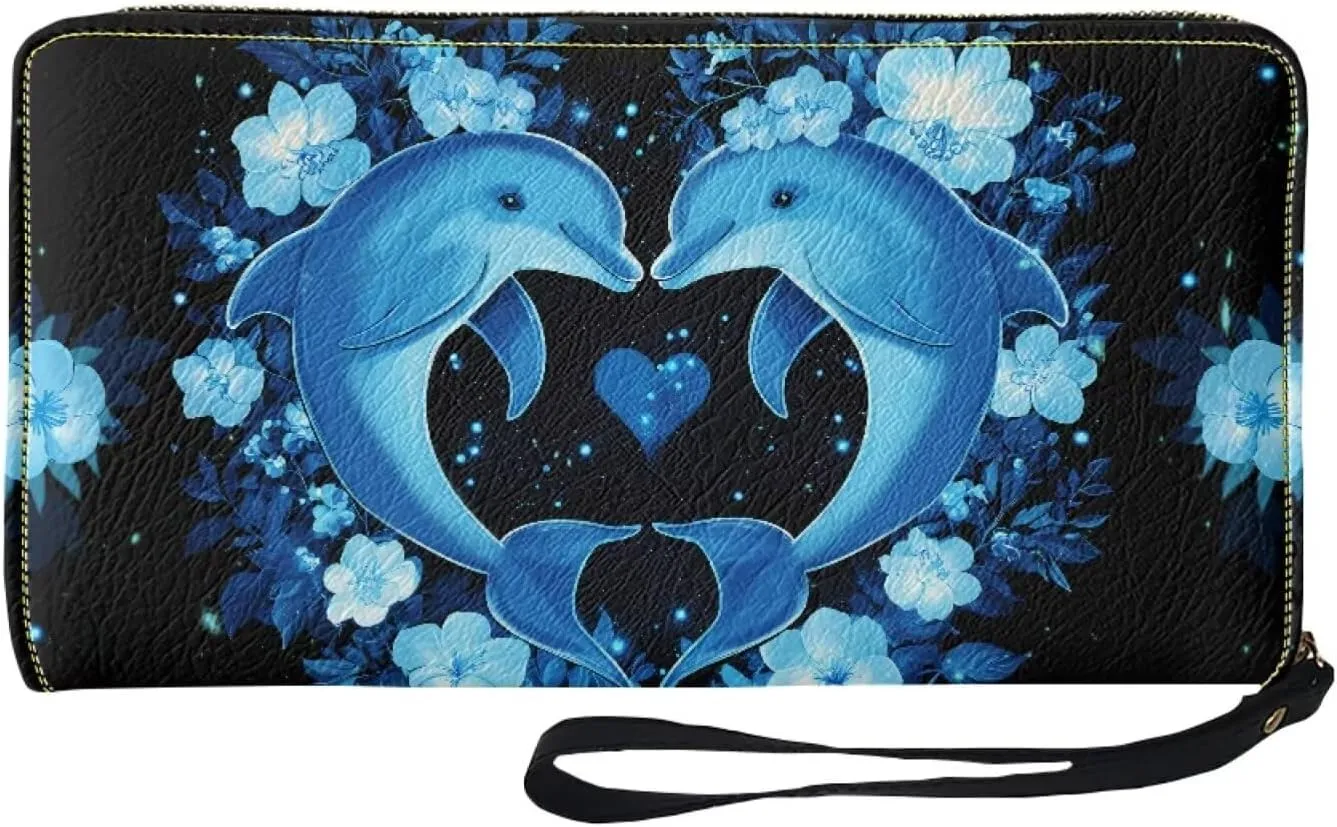 Blue Flower Dolphin Wallets for Women PU Leather Credit Card Holder Large Capacity Wristlet
