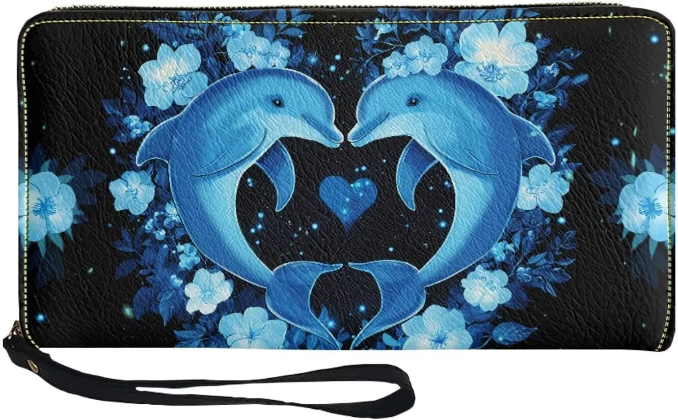 Blue Flower Dolphin Wallets for Women PU Leather Credit Card Holder Large Capacity Wristlet