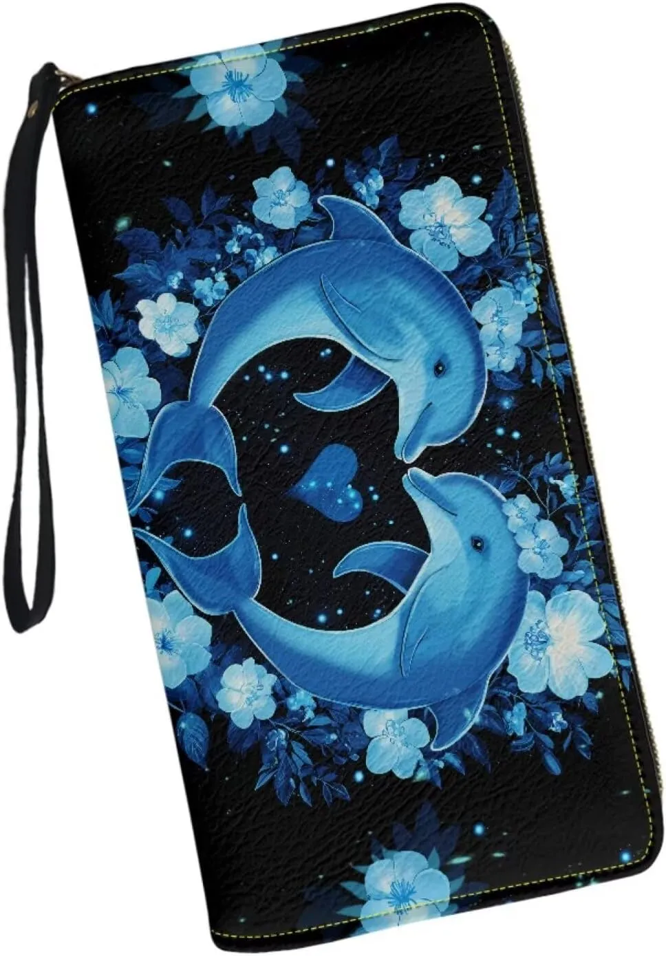 Blue Flower Dolphin Wallets for Women PU Leather Credit Card Holder Large Capacity Wristlet