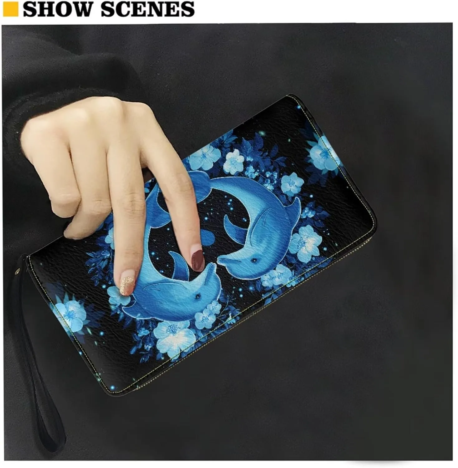 Blue Flower Dolphin Wallets for Women PU Leather Credit Card Holder Large Capacity Wristlet