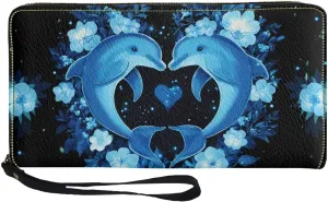 Blue Flower Dolphin Wallets for Women PU Leather Credit Card Holder Large Capacity Wristlet