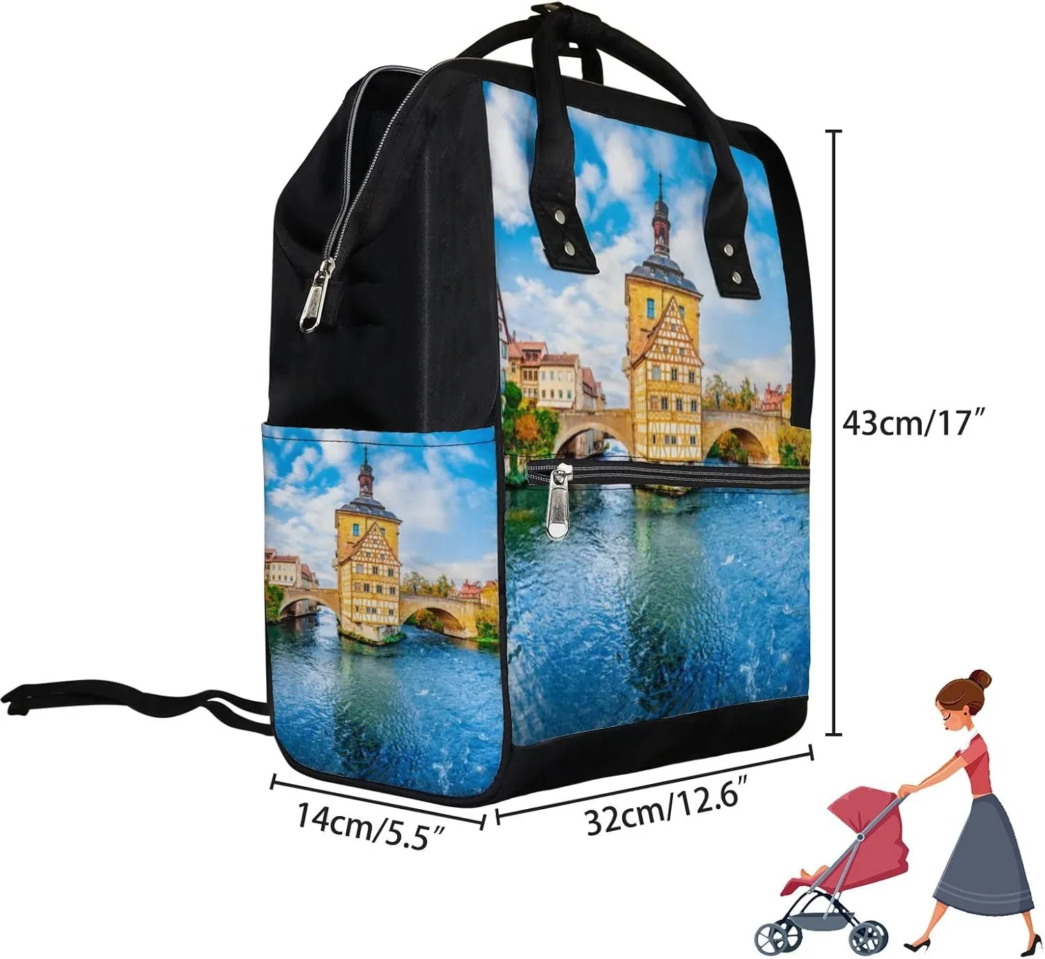 Blue Old Town Bamberg Bavaria Germany Romantic Diaper Bag Backpack, waterproof backpack Baby Nappy Changing Bags Laptop Backpack for Travel, Large Capacity, Durable and Stylish for Woman and Men.