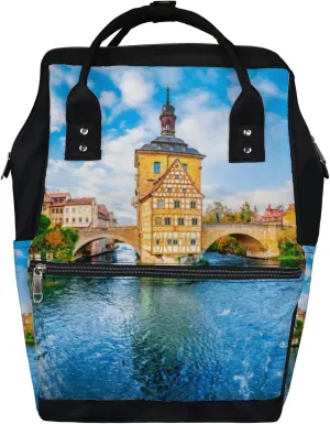 Blue Old Town Bamberg Bavaria Germany Romantic Diaper Bag Backpack, waterproof backpack Baby Nappy Changing Bags Laptop Backpack for Travel, Large Capacity, Durable and Stylish for Woman and Men.
