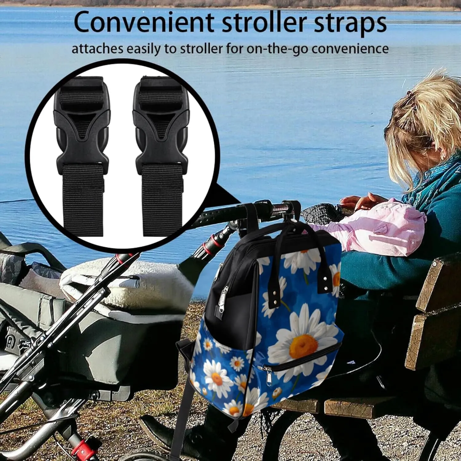 Blue Orchards Daisy Waterproof Diaper Bag Backpack Large Capacity Baby Bag with Stroller Straps, Multi-Pocket Diaper Bag Unisex Baby Travel Essentials Shower Gift