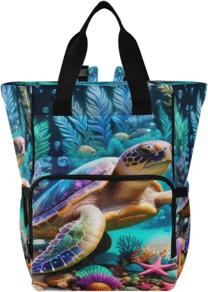 Blue Sea Turtle Diaper Bag Backpack, Unisex Travel Baby Backpack Diaper Bags with Stroller Straps & Pacifier Case, Large Capacity Waterproof Diaper Backpack
